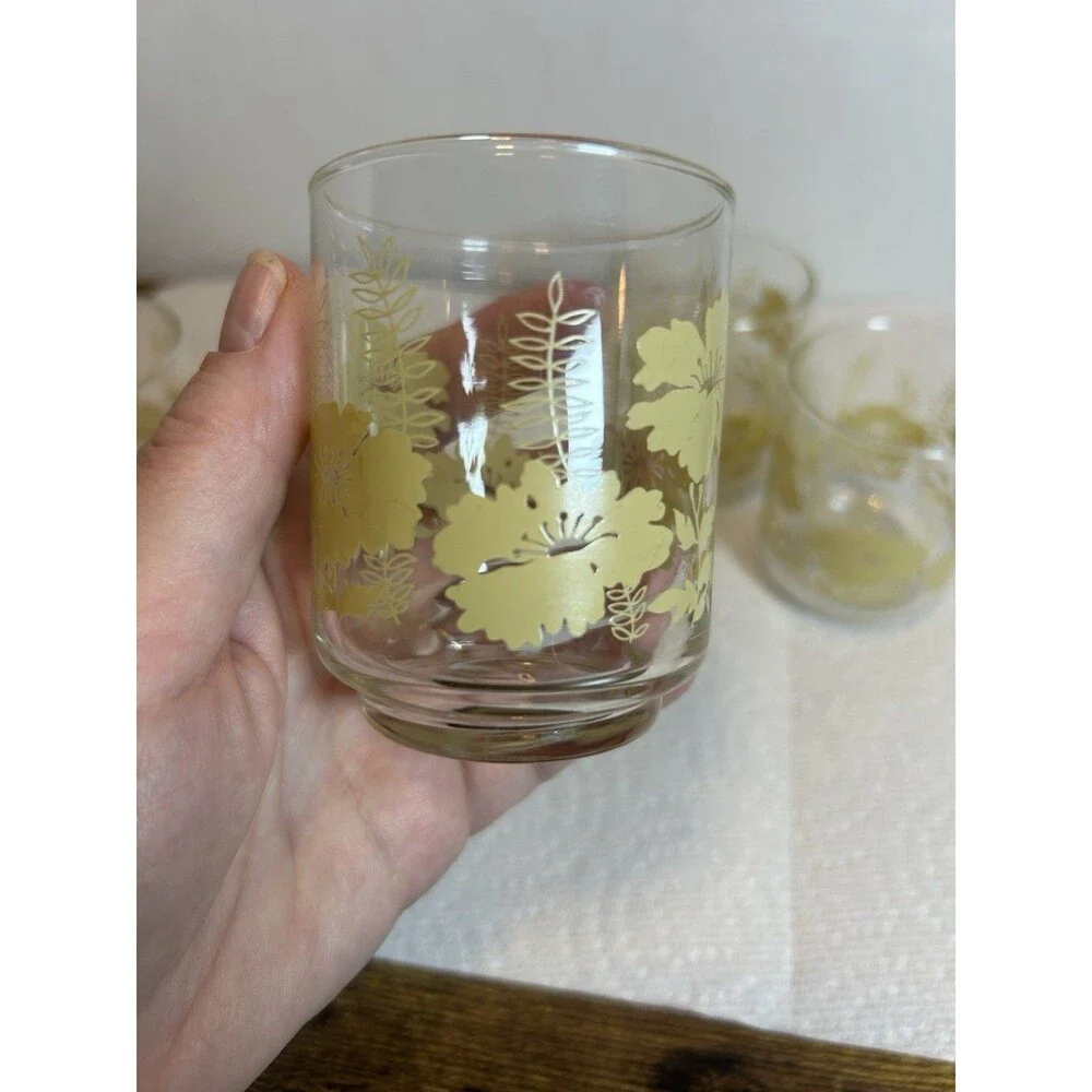 Vintage 70’s Libbey Yellow Hibiscus Fern Juice Glasses Set of 4 Retro Floral MCM